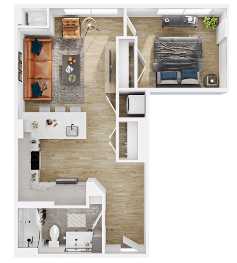 Floor plan for 1 bed, 1 bath, 649 sqft